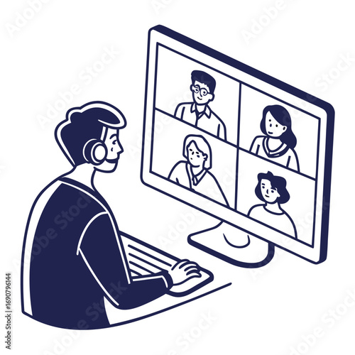Man with headset types while four diverse people video conference online
