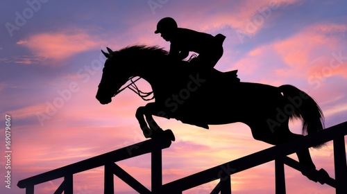Silhouette of a horse jumper at sunset