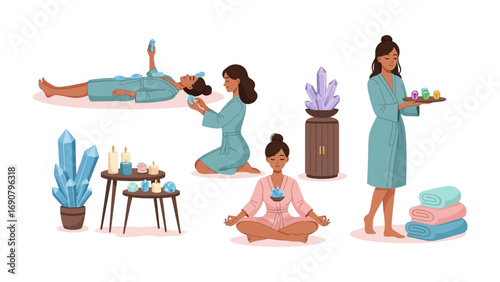 Serene spa and wellness scene with women in robes receiving treatments and surrounded by crystals and aromatherapy products