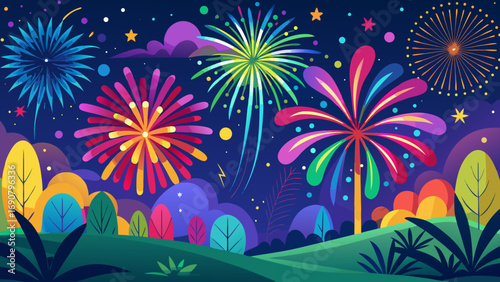 Vector art of a vibrant fireworks display lights up the night sky, casting a colorful glow over the landscape and creating a festive atmosphere