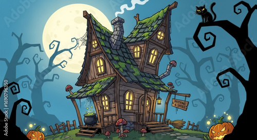 A whimsical witchs house with a spooky atmosphere, featuring a crooked building, full moon, black cat, and halloween decorations