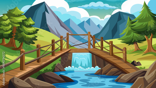 Vector art of a picturesque cartoon landscape featuring a wooden bridge over a flowing river, with mountains, trees, and a waterfall in the background