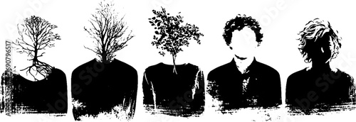 Surreal black and white grunge illustrations of human bodies with nature elements
