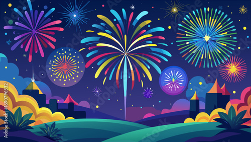 Vector art of a colorful fireworks display illuminates the night sky over a charming town, creating a festive and magical atmosphere for all to enjoy