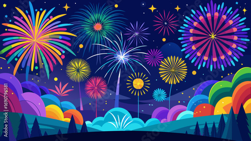 Vector art of a vibrant and colorful fireworks display lights up the night sky, with bursts of light illuminating the landscape below in a festive celebration