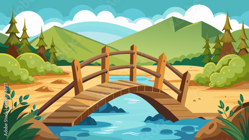 Vector art of a charming cartoon landscape featuring a wooden bridge over a gentle stream, with lush green hills and trees in the background, creating a peaceful scene