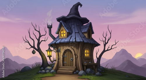 Whimsical witch house with pointed hat roof and glowing windows, nestled on a hill against a pastel sunset, evoking magic and fantasy