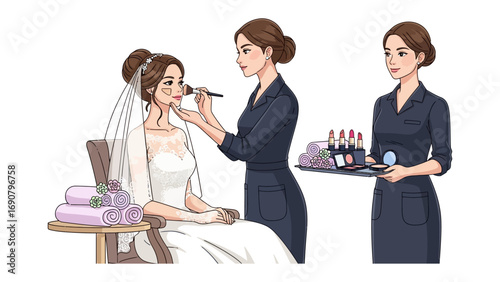 Bride receiving professional makeup application from a skilled artist with a helper holding beauty products and tools for the wedding day preparation