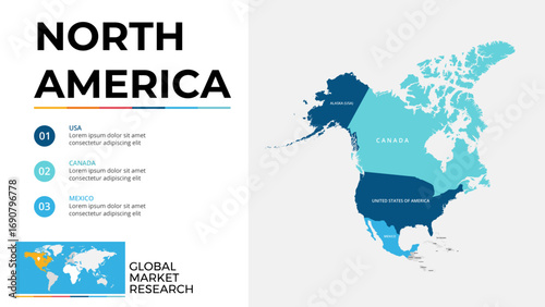 North America Infographic Map With Colorful Regions And Global Market Research Design Template For Presentations