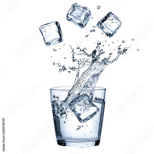 Ice cubes falling into a glass of water.