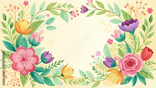 Vector art of charming floral frame with a mix of colorful flowers, leaves, and branches, creating a whimsical and delightful border for various designs