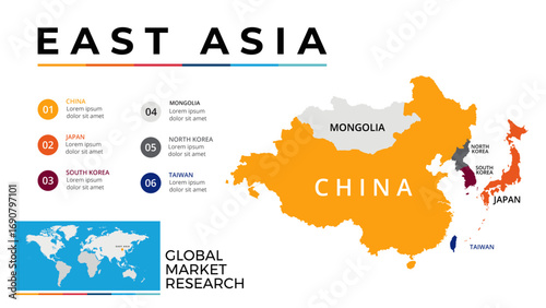 Illustrative map of East Asia showcasing prominent countries, perfect for geography, research, or analysis. Highlights include China, Japan, and Korea, complemented by modern design elements and infog