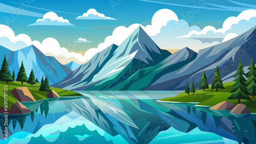 Vector art of serene mountain landscape with crystal clear lake reflecting the majestic peaks and lush green forests under a bright blue sky with fluffy clouds