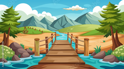 Vector art of a serene cartoon landscape featuring a wooden bridge crossing a calm river, with mountains, trees, and a blue sky creating a peaceful and inviting scene