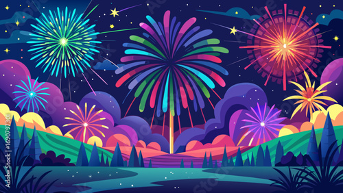 Vector art of a vibrant fireworks display illuminates the night sky, with colorful bursts reflecting on a tranquil river amidst stylized trees and rolling hills