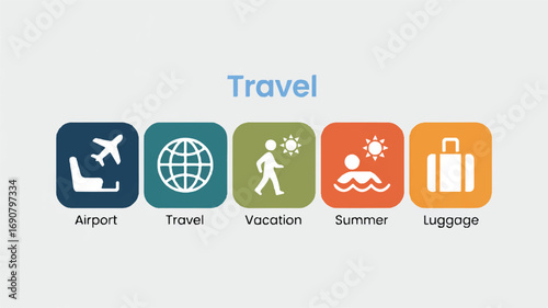 A minimalist travel-themed icon set arranged horizontally against on a transparent background.