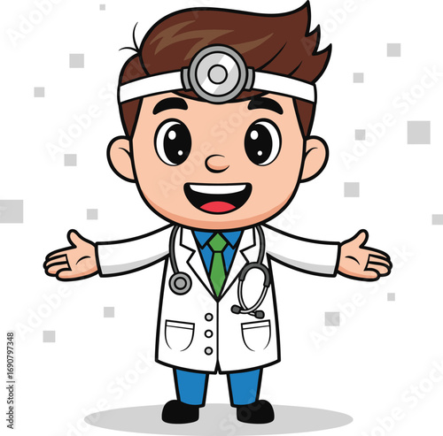 Cartoon doctor character in white coat with stethoscope and head mirror, cheerful medical professional illustration isolated on white background vector