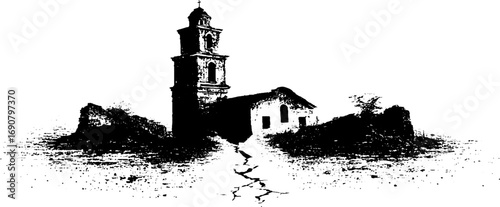 Grunge black and white illustration of a broken church ruin with cracked pathway for design