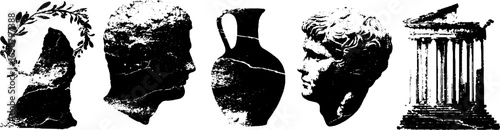 Grunge black and white ancient artifacts set for design and decoration