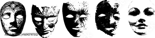 Grunge black and white mask illustrations set with tribal and distress elements for artistic design