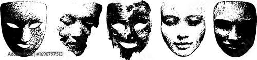 Grunge black and white mask illustrations set for artistic design and print projects