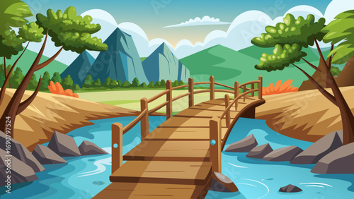 Vector art of a charming cartoon landscape featuring a wooden bridge crossing a gentle river, with rolling hills and majestic mountains under a bright and sunny sky