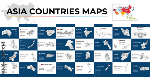 Collection of vector maps showcasing countries in Asia, each including descriptive highlights, geographic details, and visual representation ideal for educational and informational purposes.