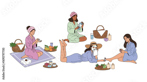 Diverse group of women enjoying a relaxing spa day outdoors with beauty treatments and picnic items