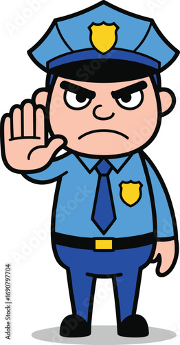 Cartoon police officer in blue uniform making stop gesture, authority expression, law enforcement character illustration isolated on white background vector