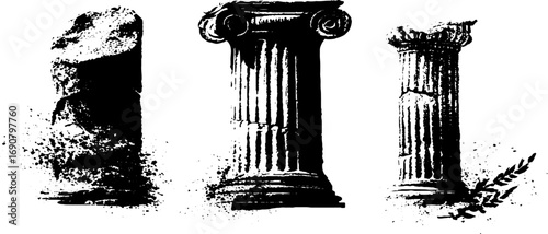 Ancient column ruins in black and white grunge style for vintage design