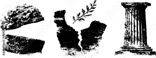 Grunge black and white illustration set featuring broken architectural elements and nature