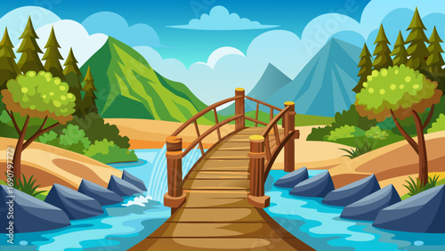 Vector art of a serene cartoon landscape showcasing a wooden bridge gracefully arching over a flowing river, with lush trees and majestic mountains under a clear sky