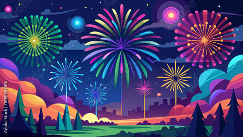Vector art of a vibrant display of fireworks illuminates the night sky over a cityscape, creating a festive atmosphere and a sense of wonder and excitement