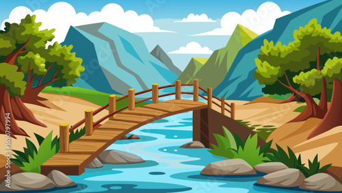 Vector art of a picturesque cartoon landscape featuring a wooden bridge crossing a clear river, with lush trees, mountains, and a bright, cloudy sky in the backdrop