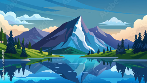 Vector art of a picturesque cartoon landscape featuring a calm lake reflecting snowcapped mountains under a partly cloudy sky, creating a peaceful and scenic vista, vector design