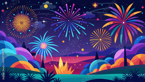 Vector art of vibrant fireworks illuminate the night sky, casting a colorful glow over the landscape, creating a festive and celebratory atmosphere with a burst of light