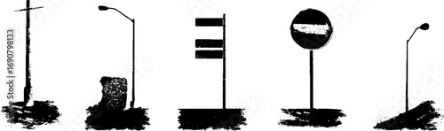 Urban grunge black and white silhouette set of broken street signs for design