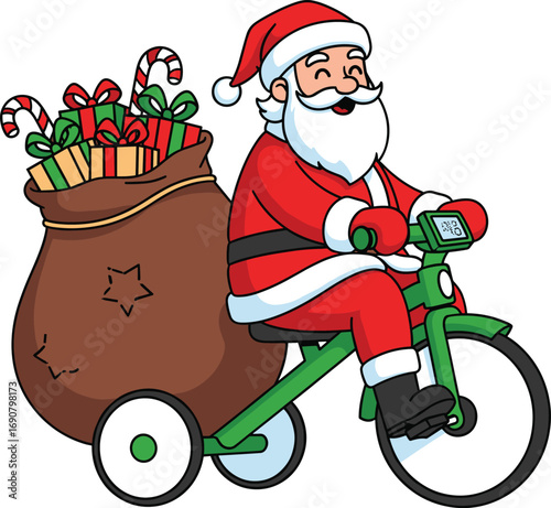 Cartoon Santa Claus riding tricycle with gift sack, festive Christmas character for holiday design, children’s media, and seasonal decoration