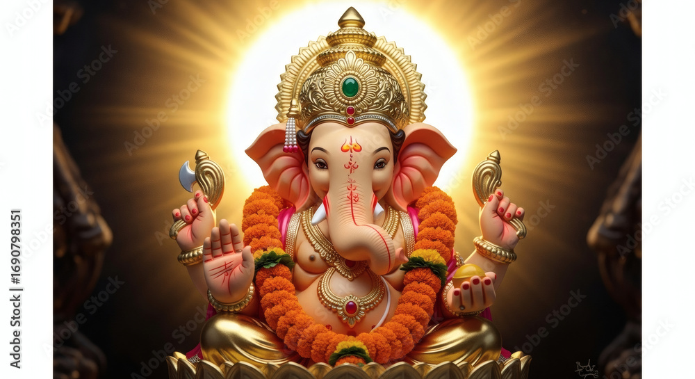 Obraz premium Close-up of a colorful Ganesha statue with a golden halo and ornate crown against a dark background.