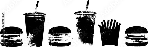 Grunge black and white fast food set - burger, fries, and drinks for vintage design