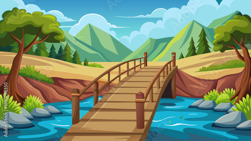 Vector art of a serene cartoon landscape featuring a wooden bridge spanning a clear river, with lush trees, rolling hills, and a bright, cloudy sky in the background