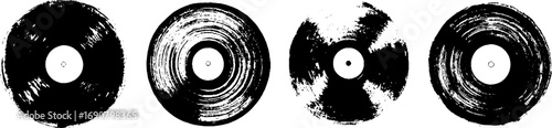 Grunge black and white vinyl record designs for retro art and decor