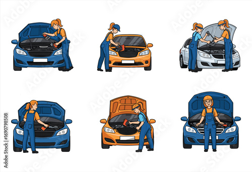 Female mechanic repairing car engine, professional auto repair service illustration, woman technician working with tools in workshop