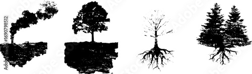 Grunge black and white burned tree silhouette set for urban artistic design