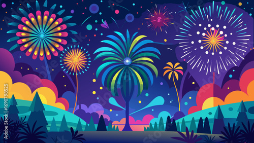 Vector art of a dazzling fireworks display lights up the night sky, casting a vibrant glow over the landscape with trees, creating a magical and festive scene