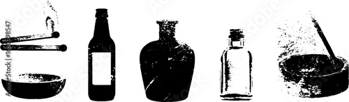 Grunge black and white design featuring burning matches and vintage bottles for urban art