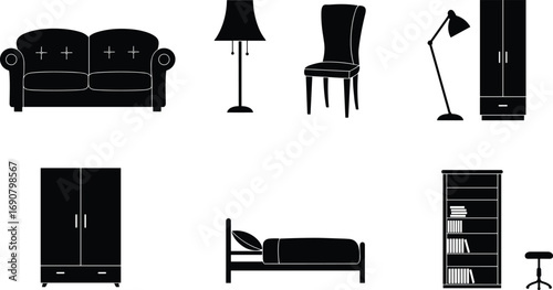 Furniture icons set, sofa, chair, bed, wardrobe, bookshelf, lamp, stool, modern home interior, black silhouette, vector furniture design