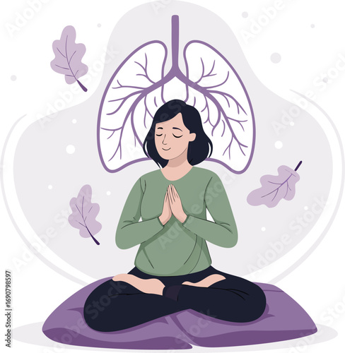 Vector art of meditative woman in lotus position with lungs behind her, practicing mindfulness for respiratory health
