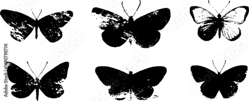 Grunge black and white butterfly silhouette set for vintage design and decor