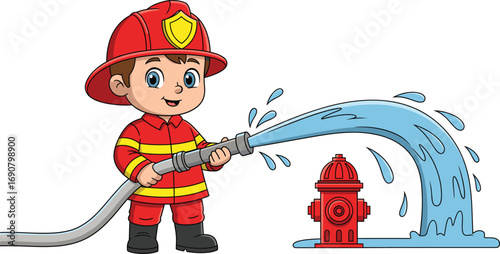 Cartoon vector of cheerful child firefighter spraying water from hose connected to hydrant, kids emergency rescue character in red uniform